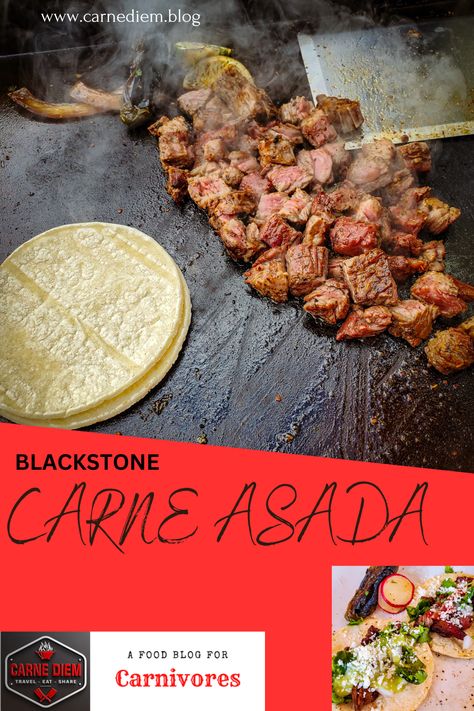 Pinterest pin for carne asada tacos on a Blackstone griddle. Blackstone Carne Asada Tacos, Steak Tacos On Blackstone, Carne Asada On Blackstone, Carne Asada Blackstone, Carne Asada Recipes Blackstone, Black Stone Street Tacos, Blackstone Carne Asada, Street Tacos On The Blackstone, Blackstone Steak Tacos