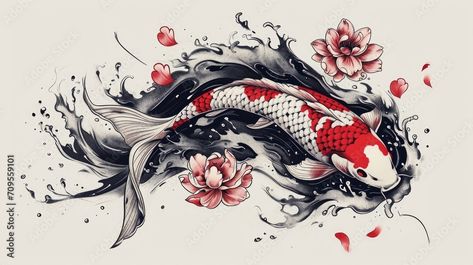 Koi Red Tattoo, Koi In Water Tattoo, Unique Japanese Tattoos, Butterfly Koi Fish Tattoo, Big Koi Fish Tattoo, Koi And Flower Tattoo, Tattoo Carpe Koi, Japanese Koi Tattoo Design, Koi And Lotus Tattoo