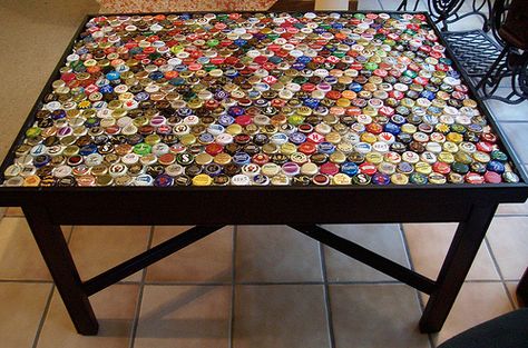 Bottle Cap Coffee Table, Step 4 | Flickr - Photo Sharing! Upcycle Cans, Recycle Bottle Caps, Bottle Cap Table, Bottle Cap Projects, Cap Art, Bottle Cap Art, Beer Bottle Cap, Chair Designs, Paint Black