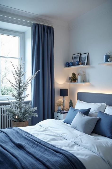 15 Blue Christmas Decorations Ideas for a Modern Holiday Vibe Decor With Blue Walls, Blue Apartment Aesthetic, Blue Christmas Decorations, Blue Apartment, Christmas Bedroom Decor, Blue Bedroom Ideas, Blue Christmas Decor, Christmas Decorations Ideas, Blue Lights