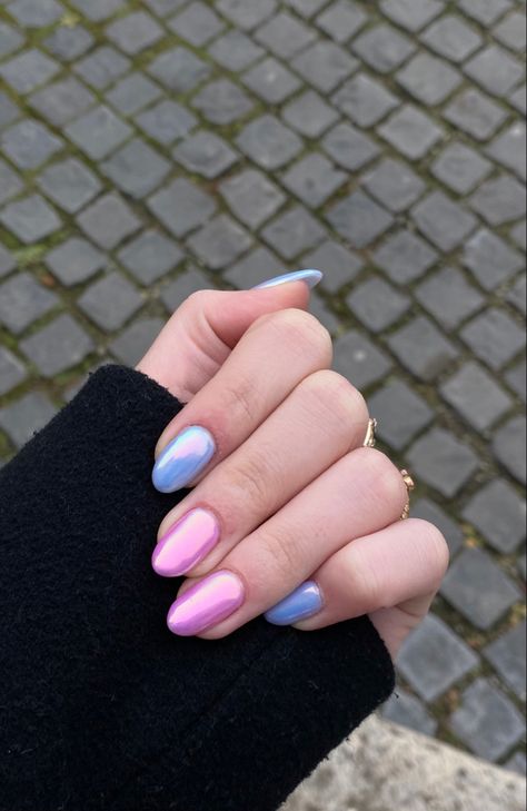 Blue And Pink Chrome Nails, Pink And Blue Spring Nails, Subtle Gender Reveal Nails, Blue And Pink Short Nails, Light Pink And Light Blue Nails, Pink And Blue Chrome Nails, Pink And Blue Almond Nails, Blue And Pink Nails Acrylic, Gender Reveal Ideas Nails