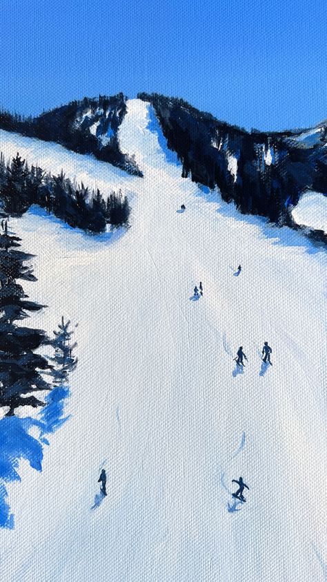 Blue and white painting of small skiers and snowboarders carving their way down the mountain. Inspired by Winter Park, USA Ski Hill Painting, Skiing Canvas Painting, Winter Painting Landscape, Ski Painting Ideas, Skiing Painting Easy, Ski Painting Acrylic, Aesthetic Winter Painting, Winter Painting Aesthetic, Textured Ski Painting