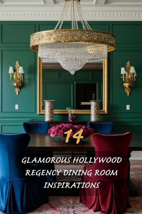 Dive into the world of luxurious dining with these stunning Hollywood Regency inspirations! The deep green walls paired with elegant gold accents and vibrant floral arrangements create the perfect backdrop for unforgettable gatherings. I love how the plush velvet chairs add comfort without compromising on style. Whether you're hosting a dinner party or enjoying a cozy meal at home, these designs will elevate any dining experience! Vintage Green Dining Room, Modern Regency Interior, Palace Dining Room, Transitional Dining Room Inspiration, Deep Green Walls, Glamorous Dining Room, Hollywood Regency Interior Design, Regency Dining Room, Hollywood Regency Bedroom