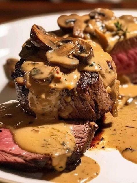 Valerie Bertinelli Recipes | 🥩 BEEF TENDERLOIN WITH CREAMY MUSHROOM SAUCE 🥩 | Facebook Steak Gravy, James Martin Recipes, Black Pepper Sauce, Mushroom Sauce Recipe, Recipes Beef, Mint Recipes, Creamy Mushroom Sauce, Chicken Tender Recipes, Gourmet Cooking