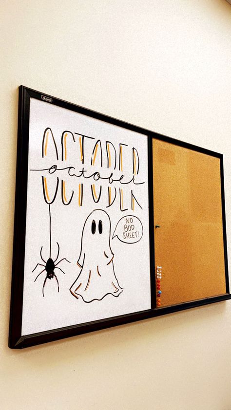 Halloween Whiteboard Art Classroom, October Marker Board Ideas, Spooky Whiteboard Drawings, October Dry Erase Board Ideas, Fall Dry Erase Board Ideas, September White Board Ideas Aesthetic, White Board Ideas Drawings Fall, October Calender Ideas Dry Erase, White Board Halloween Ideas