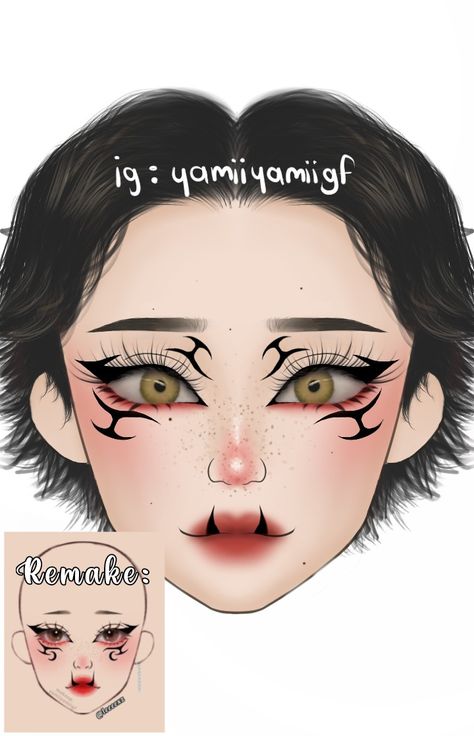 Black Anime Makeup, Makeup Ideas Anime, Graphic Makeup Looks, Cosplay Makeup Ideas, Makeup Charts, Anime Eye Makeup, Face Charts, Punk Makeup, Makeup Drawing