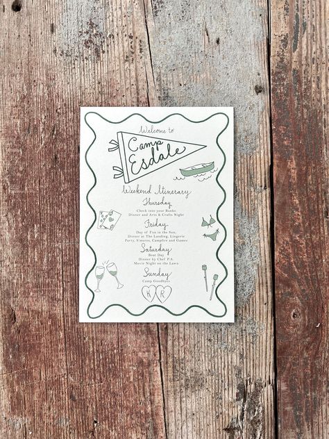 This CAMP Bach themed Itinerary is the cutest!  Hand Illustrated and hand-written text and available as a "Semi-Custom" invitation that you can order. This is how a Semi-Custom Invitation works:  I will hand draw your Camp "Name" and "initials" lettering for the hearts. Then, I will take care of all of your editing and layout.  The pricing for the Semi Custom also includes this digital setup.  I can then send a print-ready pdf to you and you will have all you need for printing on your own. OR You may also choose for me to do all of your printing.  (My printer does an exceptional job with this and you will be pleased with the itineraries if you do not have a local printer that you'd like to use.) HOW TO ORDER: 1.  In the "Ordering Options" Dropdown Box, please choose the Digital Delivery On National Park Themed Bachelorette, Summer Camp Itinerary, Camp Bachelorette Invite, Camp Bachelorette Itinerary, Camping Bachelorette Party Ideas, Camp Theme Birthday, Camp Bachelorette Theme, Camp Invitation, Camp Themed Party