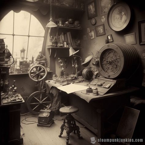 An inventor's workshop is his castle... Just not quite as big or tidy :) Inventors Workshop, Steampunk Workshop, Apollo Aesthetic, Steampunk Pirate, City Sky, Cellphone Wallpaper Backgrounds, Steampunk Design, Inventors, Dieselpunk