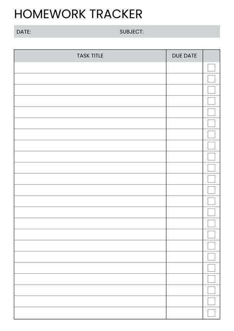 Homework tracker - B&W ultimatedigitalplanner #landscapedigitalplanner📗 Study And Homework Schedule, Task Tracker Template, Study Schedule Template Free Printable, Homework Planner Aesthetic, Assignments Tracker, School To Do List Printable, Exam Tracker, School To Do List, Task Schedule