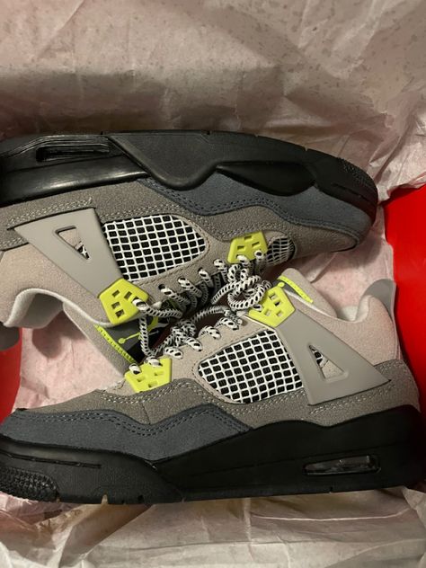 Nike Jordan 4 Sneaker Lime Green and Grey Retros Nike Jordan 4, Green Jordans, Jordan 4’s, Nike Off White, Jacquemus Bag, Retro Neon, Jordan Grey, Jordan 4s, Matching Jordans