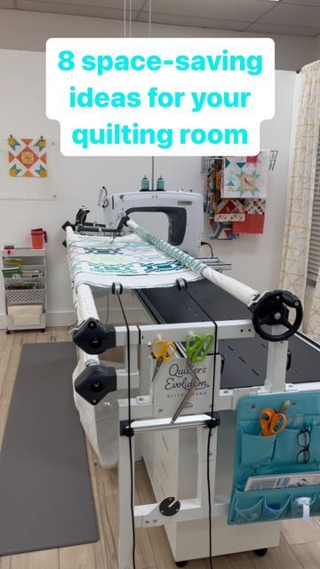 Allpeoplequilt on Instagram Storage Under Longarm, Long Arm Quilting Room Layout, Longarm Quilting Studio Sewing Rooms, Small Quilting Room Ideas, Quilting Room Organization, Quilting Room Ideas, Sewing Room Design Layout, Quilt Shop Displays, Quilt Room Organization