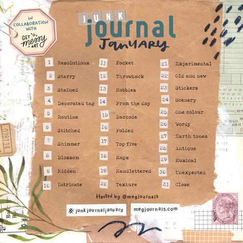 Junk Journal Challenge Prompts, Junk Journal January 2024, Junk Journal January, Junk Journal Prompts List, January Junk Journal Ideas, Junk Journal Prompts, January Journaling, Junk Journal Challenge, Health Binder