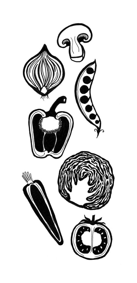 Black and white veggies food illustration by Catherine Delli-Bovi @thegirlinthere Food Art Black And White, Black And White Food Illustration, Black And White Food Drawing, Vegan Restaurant Branding, Food Illustration Black And White, Veggie Illustration, Vintage Iphone Wallpaper, Iphone Wallpaper Simple, Iphone Wallpaper Quotes