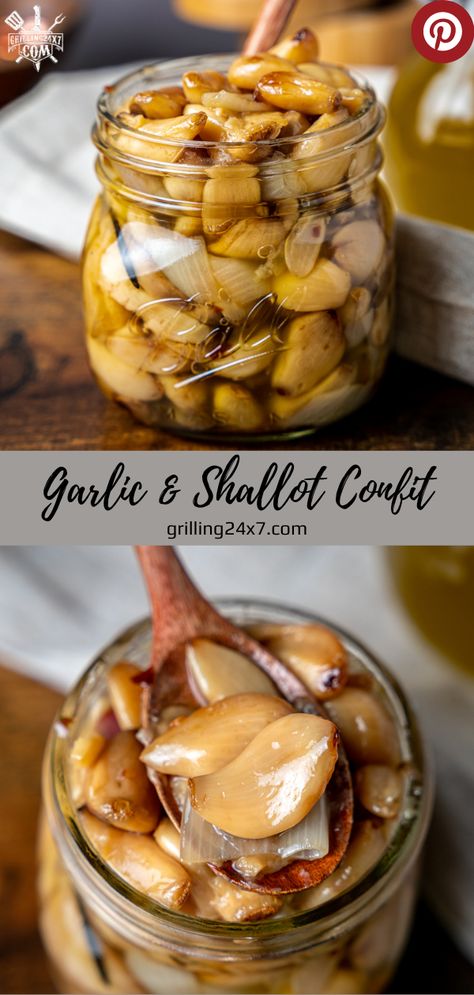 roasted garlic & Shallot confit in a mason jar with avocado oil Recipes With Garlic Confit, Canning Roasted Garlic, Smoked Garlic Recipes, Garlic Powder Recipe, Garlic Compote, Garlic Preservation, Pickled Garlic Recipes, Garlic Jam Recipe, Canning Garlic