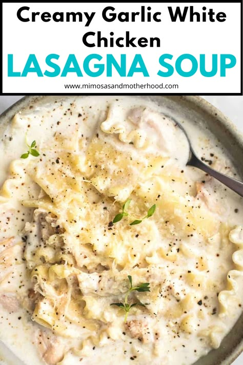 The coziest, creamiest, most comforting soup! This roasted garlic white chicken lasagna soup is sure to be a hit with the whole family, and it's quite quick and easy to put together too! Roasted Garlic White Chicken Lasagna, Roasted Garlic White Chicken Lasagna Soup, Creamy White Chicken Lasagna Soup, Easy White Chicken Lasagna Soup, White Chicken Lasagne Soup, Instant Pot White Chicken Lasagna Soup, White Chicken Lasagna Soup Recipe, Chicken Lasagna Soup Recipes, Chicken Lasagna Soup Crock Pot