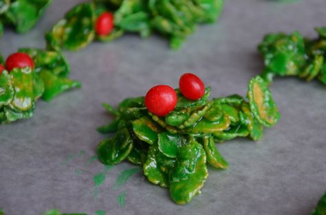 The simplicity of these brightly colored green treats topped with cinnamon imperials will delight your tastebuds and your family alike, and certainly becoming a holiday favorite! Cluster Cookies, Easy Kids Treats, Holly Cookies, Paleo Cranberry Muffins, Green Treats, Dinner Leftovers, Kids Treat, Christmas Cookies Easy, Holiday Recipes Christmas