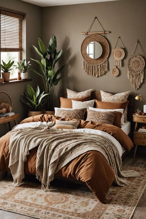 Cozy Color Schemes Bedroom Ideas, Boho Bedroom Decorations, Wallpaper Bedroom Feature Wall Boho, Wood Bed Bedroom Ideas, Boho Bedroom Colors, Earth Tone House, Earthy Home Decor Boho Style, Organic Bedroom Ideas, Earthy Tones Bedroom