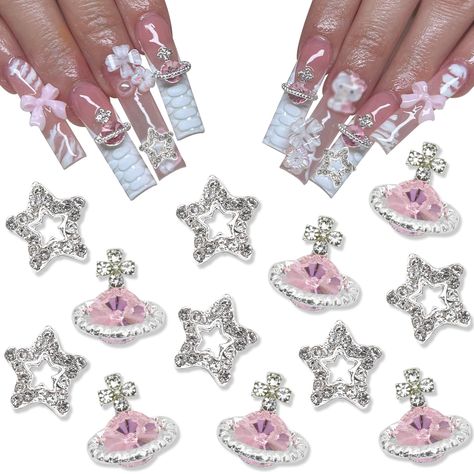 Nail Journey, Nails Charms, Planet Nails, Pink Planet, Nail Gems, Star Nail, Star Nail Art, Nail Art Charms, Diy Nails At Home