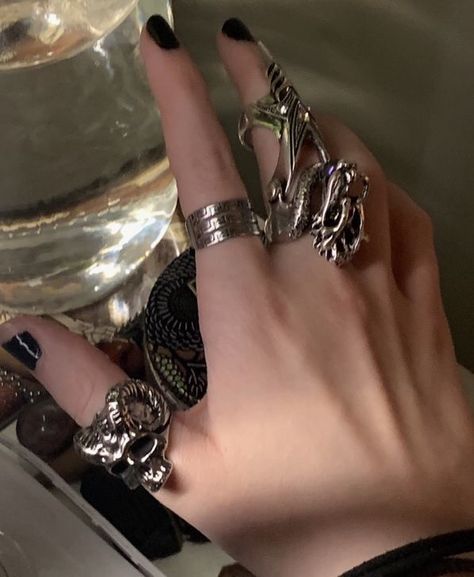 Masc Rings Aesthetic, Emo Rings Aesthetic, Edgy Jewelry Rings, Alt Rings, Dark Satanic, Hands With Rings, Cardan Greenbriar, Rings And Necklaces, Pixie Hollow