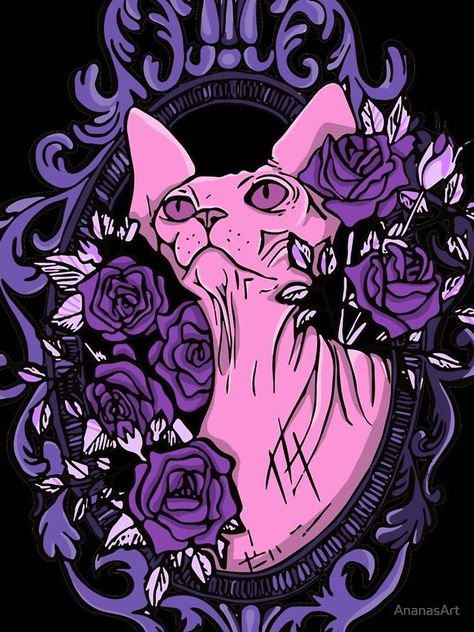 Pastel Goth Pink Hairless Sphynx Cat in a Baroque Frame Surrounded by Mystical Blue Roses - Maroon Background by AnanasArt Goth Art Aesthetic, Pastel Goth Wallpaper, Pastel Goth Background, Goth Illustration, Goth Background, Grunge Goth Aesthetic, Epoxy Stickers, Halloween Wedding Ideas, Baroque Frame