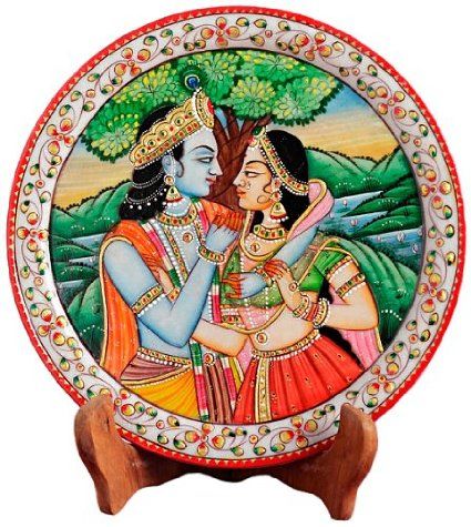 Aapno Rajasthan Radha Krishna Marble Plate (22.86 cm x 22.86 cm) Radha Krishna Painting On Round Canvas, Nirmal Paintings, Rajasthan Painting, Meenakari Painting, Thakorji Shringar, Jaipur Art, Bird Silhouette Art, Radha Krishna Painting, Round Painting