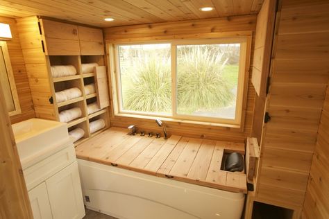 24 THOW with Bathroom Transforms to Sauna Living With Less, Tiny Home On Wheels, Glass Shower Doors Frameless, Shower Wall Tile, Best Tiny House, Home On Wheels, Tiny House Bathroom, Tiny House Kitchen, Sleeping Loft