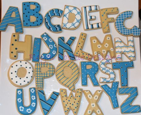 The inspiration for the uber cool color scheme was taken directly from the book her daughter's class was reading ... Bubble Letter Designs Inside, Cookie Letters, Designed Cookies, Letter Cookies, Abc Cookies, Number Cookies, Cookies Decoration, No Bake Sugar Cookies, Decorated Letters