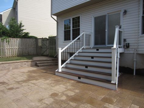 Composite Stairs To Patio, Stairs Down To Patio, Patio With Steps Down From House, Techo Bloc Patio, Deck To Patio, Exterior Steps, Patio With Fire Pit, Back Deck Ideas, Step Ideas