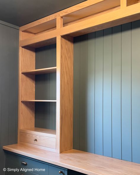 Desk With Upper Cabinets, Shelves That Sit On Desk, Den With Office Space, Diy Wall Unit With Desk, Narrow Office Built Ins, Built In Desk Plans, Wall Closet With Desk, Built In Bookshelves With Desk Office, Built In Desk Sloped Ceiling