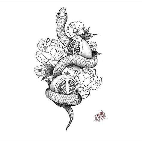 Pershopene Tattoo, Lore Olympus Tattoo Ideas, Simple Persephone Tattoo, Goddess Of Spring Tattoo, Snake And Fruit Tattoo, Persephone Inspired Tattoo, Snake And Ivy Tattoo, Eve And Snake Tattoo, Pomegranate Snake Tattoo