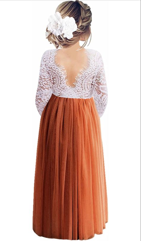 Flower Girl Dresses Terracotta, Burnt Orange Flower Girl Dresses, Orange Flower Girl Dress, Fall Flower Girl, Fall Flower Girl Dresses, Wedding Dress Jumpsuit, Orange Wedding Themes, Rusting Wedding, Girls Fall Dresses