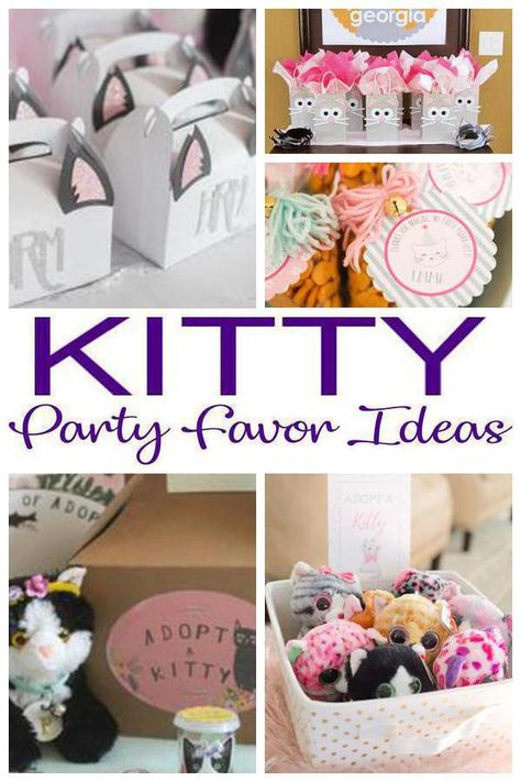 Birthday Party Favors! Kitty party favors for a kids bday. The best kitty cat favor ideas all children will love. Fun & easy ideas for a boy or girl party! Goodie bags, candy, gumballs, toys & more great take home favors for your guests. DIY or buy some fun kitty party favors. Find kitty birthday party ideas now! Cat Birthday Favors, Cat Birthday Party Favors, Kittycorn Birthday Party, Cat Birthday Party Ideas, Kitty Party Favors, Cat Adoption Party, Party Favors For Boys, Cat Party Favors, Kitten Birthday Party