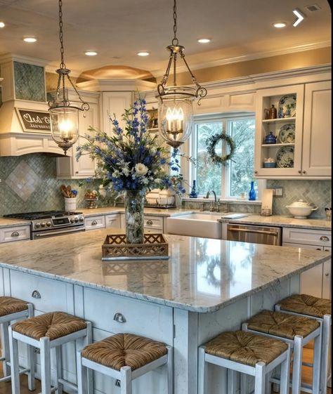 Latge Kitchen Island, Oversized Kitchen Island Farmhouse, Suburban Kitchen, Extra Large Kitchen Island Rustic, Modern French Country Kitchen Pendant Lights & Chandeliers, Rustic Farmhouse Kitchrn Island Lights, Fancy Kitchens, Kitchen Remodel Inspiration, Small Kitchen Decor