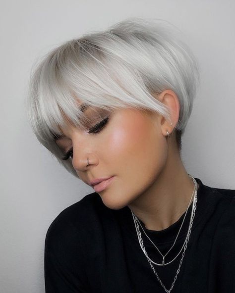 Metallic White Long Pixie with Full Bangs Long Pixie Bob, Haircuts Undercut, Kort Bob, Bob Pixie Cut, Short Pixie Bob, Angled Bob Haircuts, Pixie Bob Hairstyles, Short White Hair, Longer Pixie Haircut