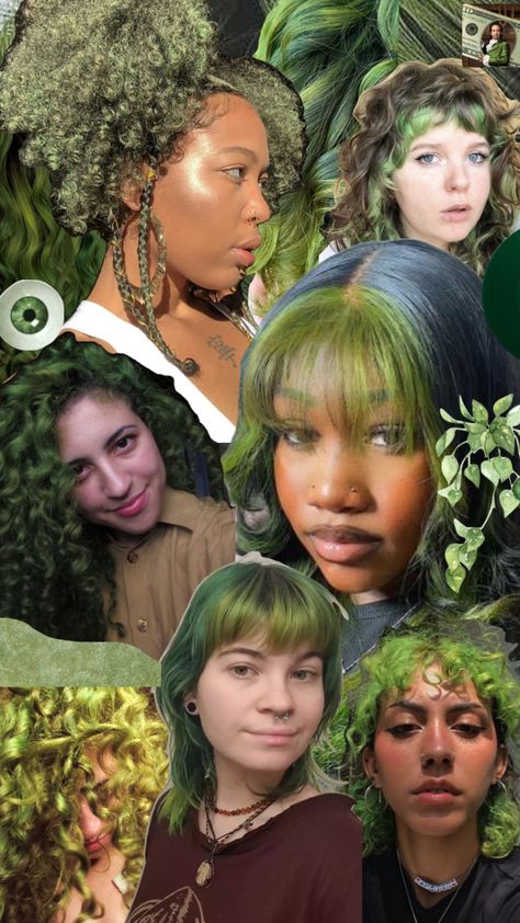 Dyed Curly Hair Green, Pine Green Hair, Mossy Green Hair, Forest Hair Color, Green Hair Inspiration, Olive Color Hair, Moss Hair, Faded Green Hair, Matcha Green Hair