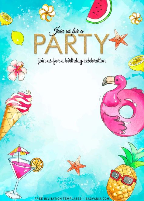 11+ Flamingo Fun Party Invitation Templates Perfect For Summer & Autumn | FREE Printable Birthday Invitation Templates - Bagvania Pool Party Background Invitation, Summer Party Invitations Template, Flamingo Birthday Party Invitations, Pool Party Invite, Pool Party Invitation Template, Free Invitation Cards, Summer Birthday Invitations, Bday Party Invitations, Birthday Party Invitations Free