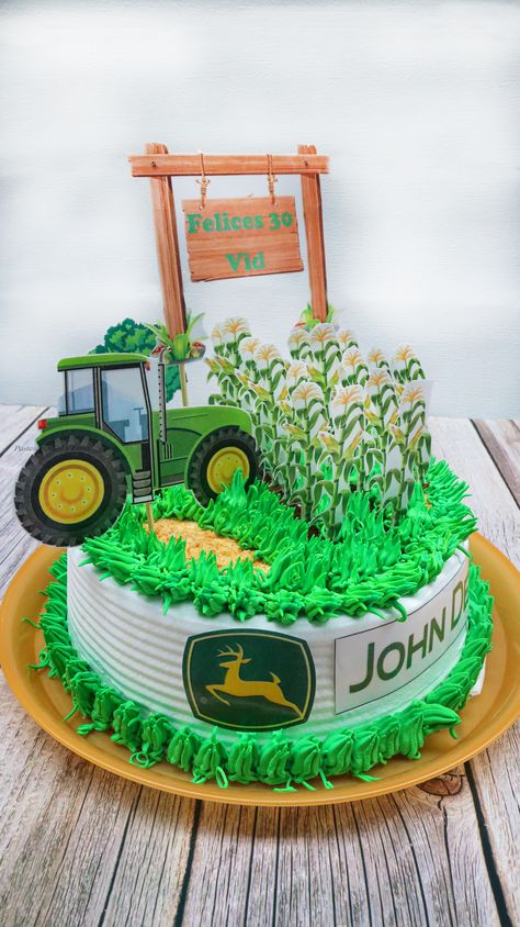 Pastel forrado en chantilly blanco con orillas verde simulando pasto y cobertura simulando pastisal, galleta molida simulando tierra y decoración en micas en forma de maizal y tractor John Deere. Tractor Cake, Green Cake, Tractor Birthday, Cakes For Men, John Deere, Tractor, Cake Decorating, Birthday Cake, Party Ideas