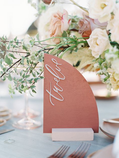 The Number of Personalized Details at This Malibu Wedding Will Truly Astound You Laser Cut Table Numbers, Cielo Farms, Malibu Wedding, Martha Stewart Weddings, Wedding Signage, Wedding Table Numbers, Table Number, Wedding Stationary, Place Setting