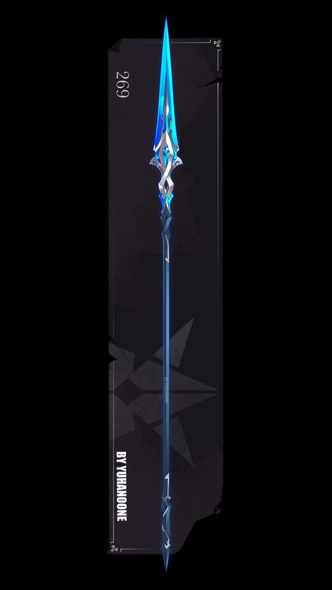 Water Spear Design, Anime Spear Design, Spear Design Ideas, Fantasy Spear Design, Genshin Polearm Design, Fantasy Spear Art, Spears Design Art, Spear Designs Art, Spear Rpg