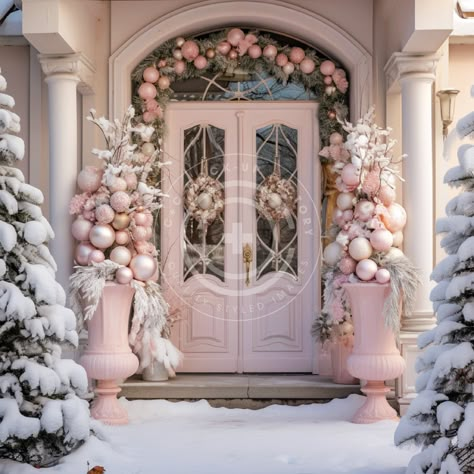 This wonderful Christmas Front Door stock image/ mockup photo features a Pink & White French Country Aesthetic & a welcoming holiday vibe.  Vibe: Pink, Pastel, French Country, Cozy, Warm, Country, Classic, Pretty, Cottagecore, Festive, Christmas, Holiday THIS IMAGE IS ALSO AVAILABLE IN THESE BUNDLES: + Our 'Full House' Pink Christmas House Pink & White Decor Bundle of 72 images:  https://www.etsy.com/listing/1583930995/pink-christmas-mockup-bundle-set-of-72  + Our bundle of 12 Pink Christmas Fro Shabby Christmas Tree, Christmas Decor For Outside Of House, Snowbaby Christmas Display, Pink Christmas Window Display, Pink Christmas Porch, Porch Window Christmas Decor, Christmas Pastel Decor, Pink And Champagne Christmas Tree, Christmas Entrance Decor