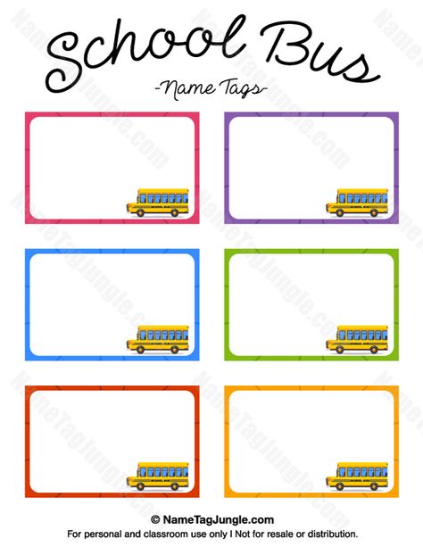 Free printable school bus name tags. The template can also be used for creating items like labels and place cards. Download the PDF at http://nametagjungle.com/name-tag/school-bus/ School Bus Name Tags, Bus Tags, Bus Information, Cubby Tags, School Bus Safety, Energy Bus, Bus Crafts, Bus Safety, Name Tag For School