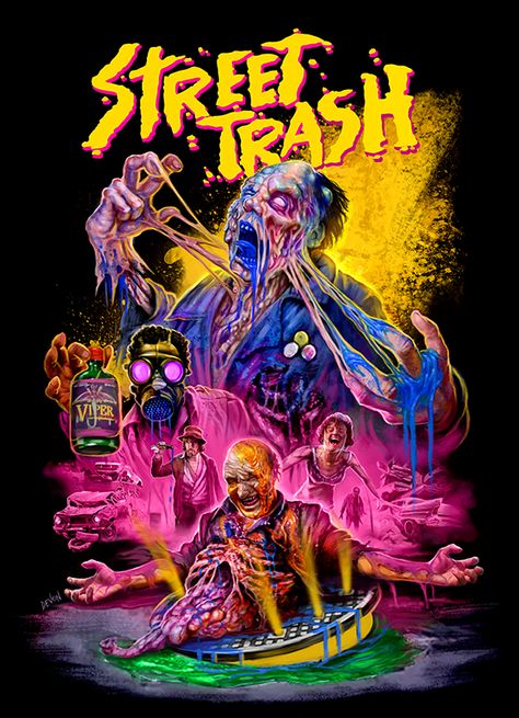 Carnival of Horror on Twitter: "Street Trash is a 1987 American cult classic independant comedy/horror film directed by J. Michael Muro.  It won the Silver Raven at the Brussels International Festival of Fantasy Film. Street Trash poster art by Devon Whitehead.  #horrormovies #horror #horrorart #HorrorFamily… https://t.co/aeUadzgtqg" Street Trash, 80s Horror, Horror Artwork, Trash Art, Best Horror Movies, Horror Posters, Retro Horror, Horror Movie Art, Fantasy Films