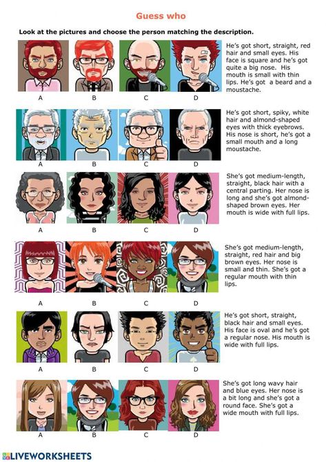 Guess who Image Description English, 4th Grade English Worksheets, Describing People Worksheet, Descriptions Of People, Description Ideas, Black Color Hairstyles, Speaking Activities English, Describing People, English Teaching Materials