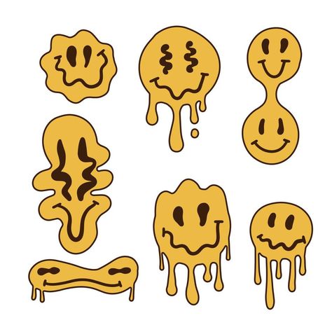 Set of distorted emoji faces isolated on white background. Retro trippy characters, dripping emoticons. Vector hand drawn illustration. Trippy Characters, Easy Clay Sculptures, Trippy Cartoon, Smile Drawing, Emoji Set, Emoji Drawings, Background Retro, Drip Art, Retro Painting