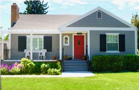 Gray house, red door, black shutters Front Porch Addition, Red Front Door, Black Shutters, Porch Addition, Gray House, Grey Houses, Exterior Paint Colors For House, Shutters Exterior, Front Door Colors