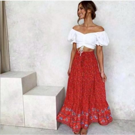 Bohemian Festival Red Floral Gypsy Print Maxi Skirt S M L Xl, Poly Blend, Ships In 7-8 Days Floral Print Maxi Skirt, Bride Lingerie, Ruffle Maxi Skirt, Summer Wedding Guest, Coachella Dress, Bohemian Skirt, Red Floral Print, Red Boho, Floral Maxi Skirt