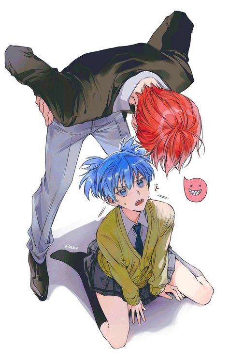 Nagisa And Karma Fanart, Evil Grin, Karma X Nagisa, Black Necktie, Blue Eyes Blue Hair, Evil Smile, Nagisa And Karma, Nagisa Shiota, Black Footwear