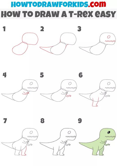 How to Draw a T-Rex Easy - Easy Drawing Tutorial For Kids How To Draw A T-rex, T Rex Drawing, Rex Drawing, Draw A Dinosaur, Animals Sketches, T Rex Toys, Oak Art, 30 Day Drawing Challenge, How To Draw Cute