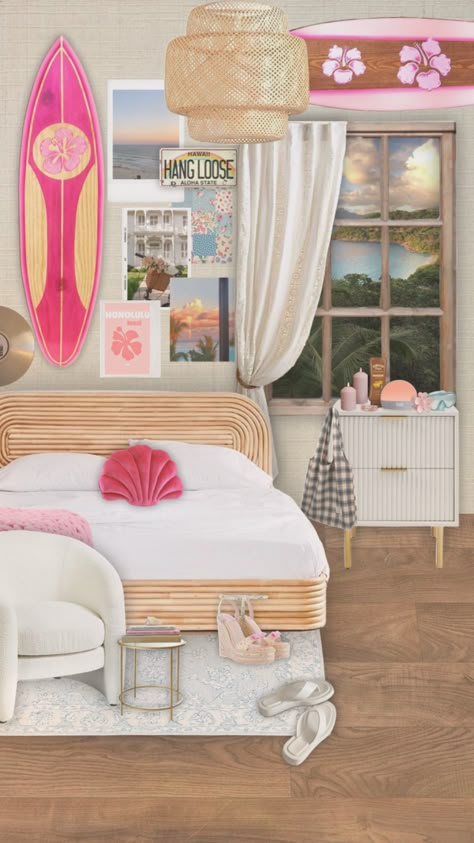 Beachy Girly Bedroom, Coconut Girl Bedroom Aesthetic, Coconut Bedroom, Pink Beach Bedroom Ideas, Aesthetic Beachy Room, Colorful Beachy Room, Preppy Beachy Room Ideas, Summer Themed Room, Preppy Beach Themed Room