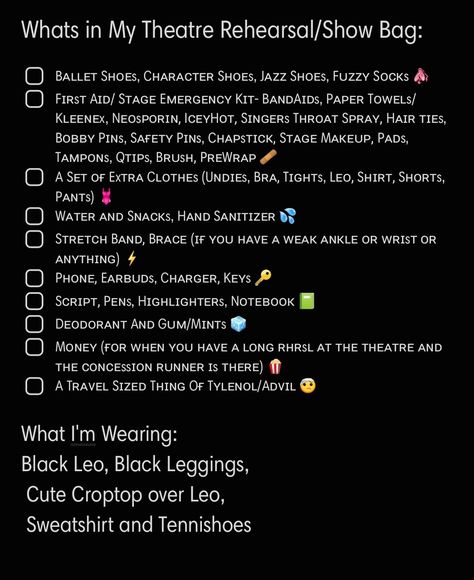 Musical Theatre Rehearsal Aesthetic, Theatre Camp Aesthetic, Theatre Bag Essentials, Tech Week Survival Kit Theatre, Musical Theatre Playlist Names, Broadway Stage Aesthetic, Musical Theatre Tips, Theatre Student Aesthetic, Theatre Kids Aesthetic